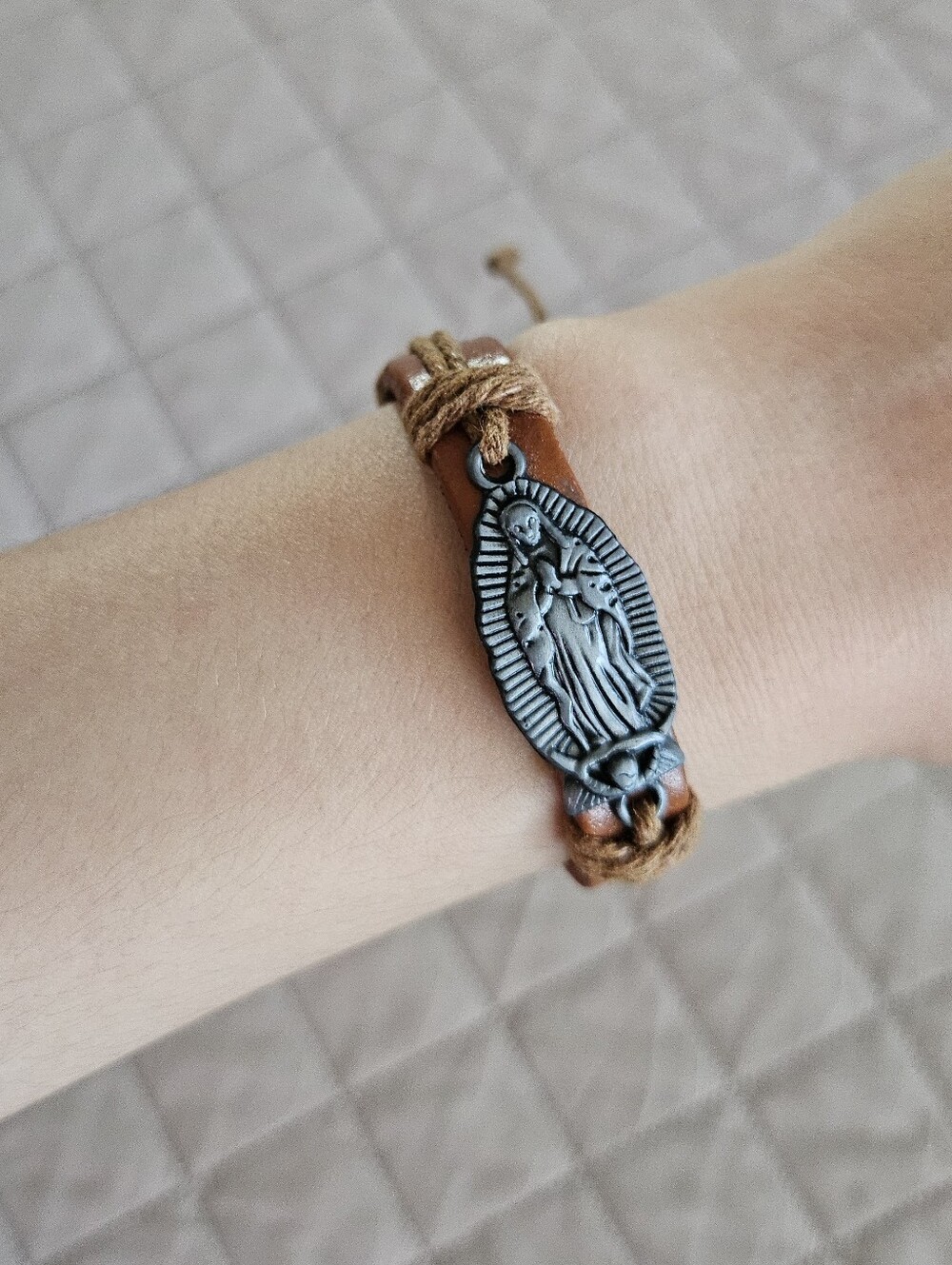 Virgin Mary leather bracelet, adjustable